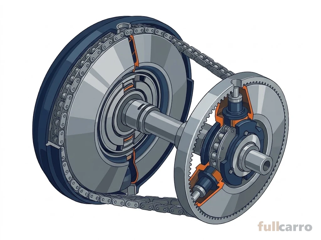 Transmisión CVT con dos poleas y una correa metálica de relación variable