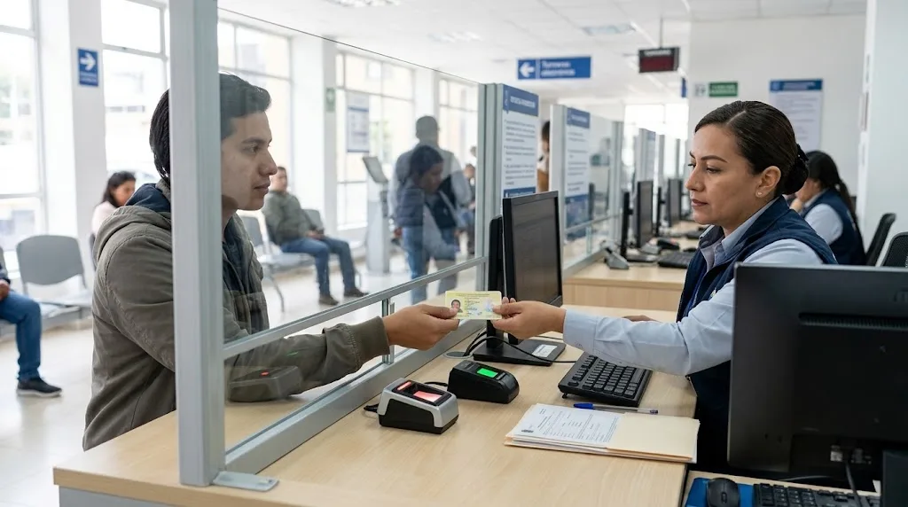 Persona haciendo el trámite de inscripción en el RUNT con su cédula en Colombia