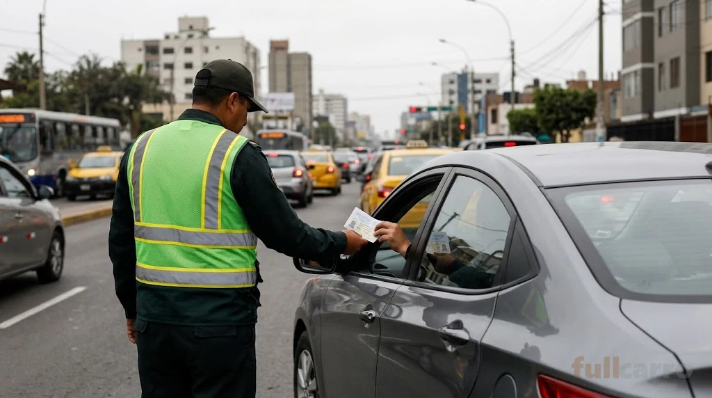 Agente de tránsito revisando los documentos de un conductor en una avenida de Lima