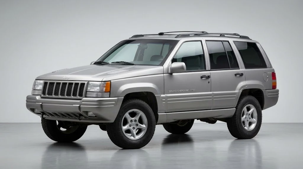 Jeep Grand Cherokee de primera generación (ZJ, 1993-1998) plateado en estudio minimalista