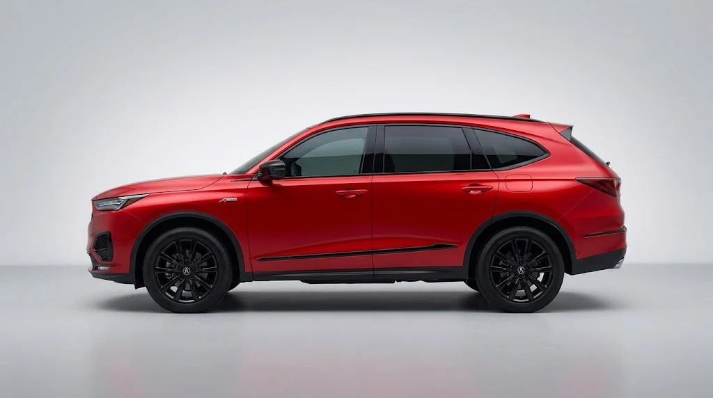 Acura MDX rojo en estudio minimalista, vista de perfil