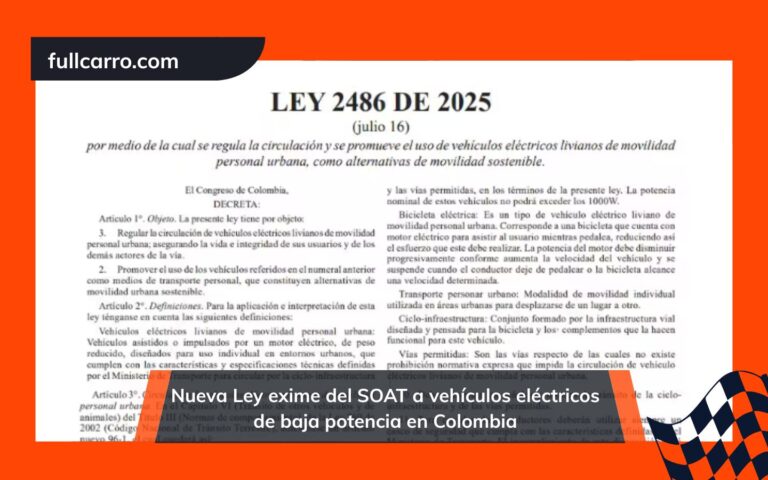 Nueva Ley exime del SOAT a vehículos eléctricos de baja potencia en Colombia